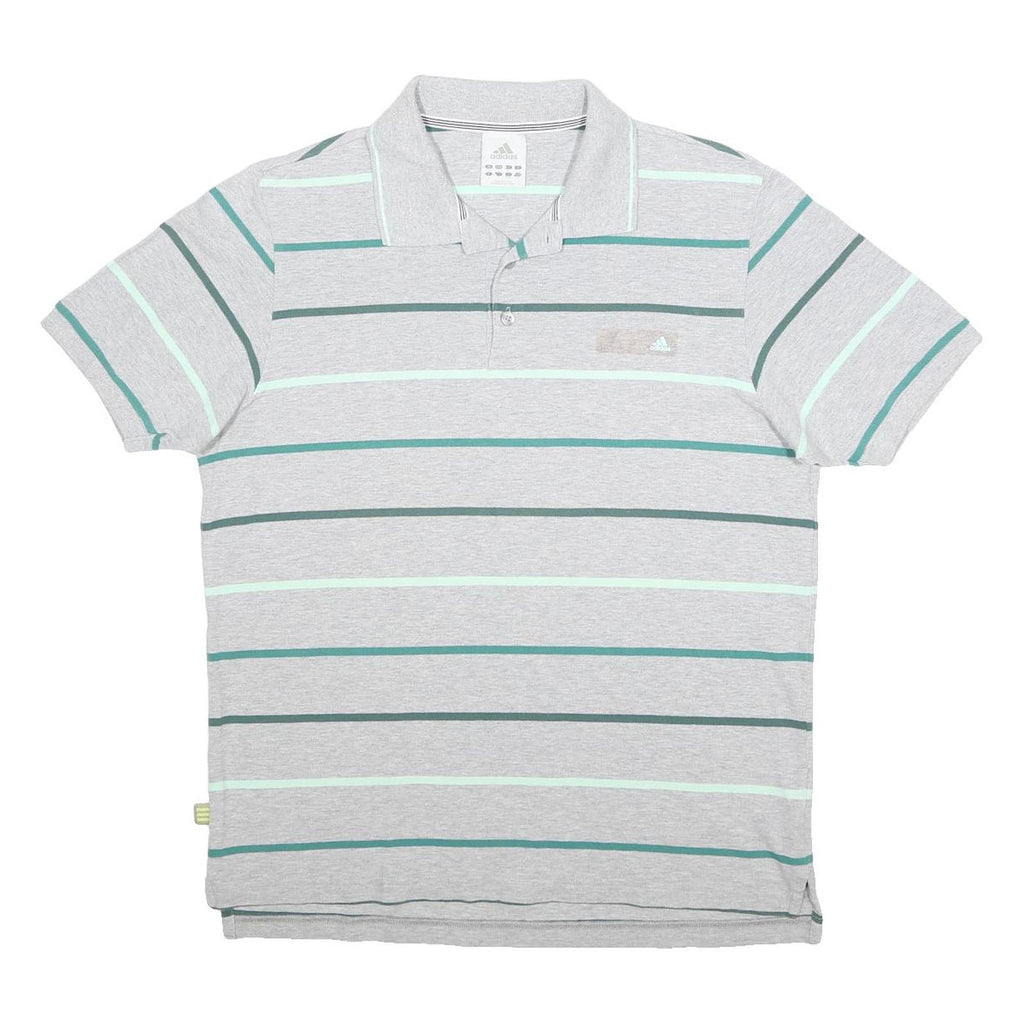 ADIDAS Mens Grey & Green Striped Polo Shirt L Cotton Short Sleeve Casual