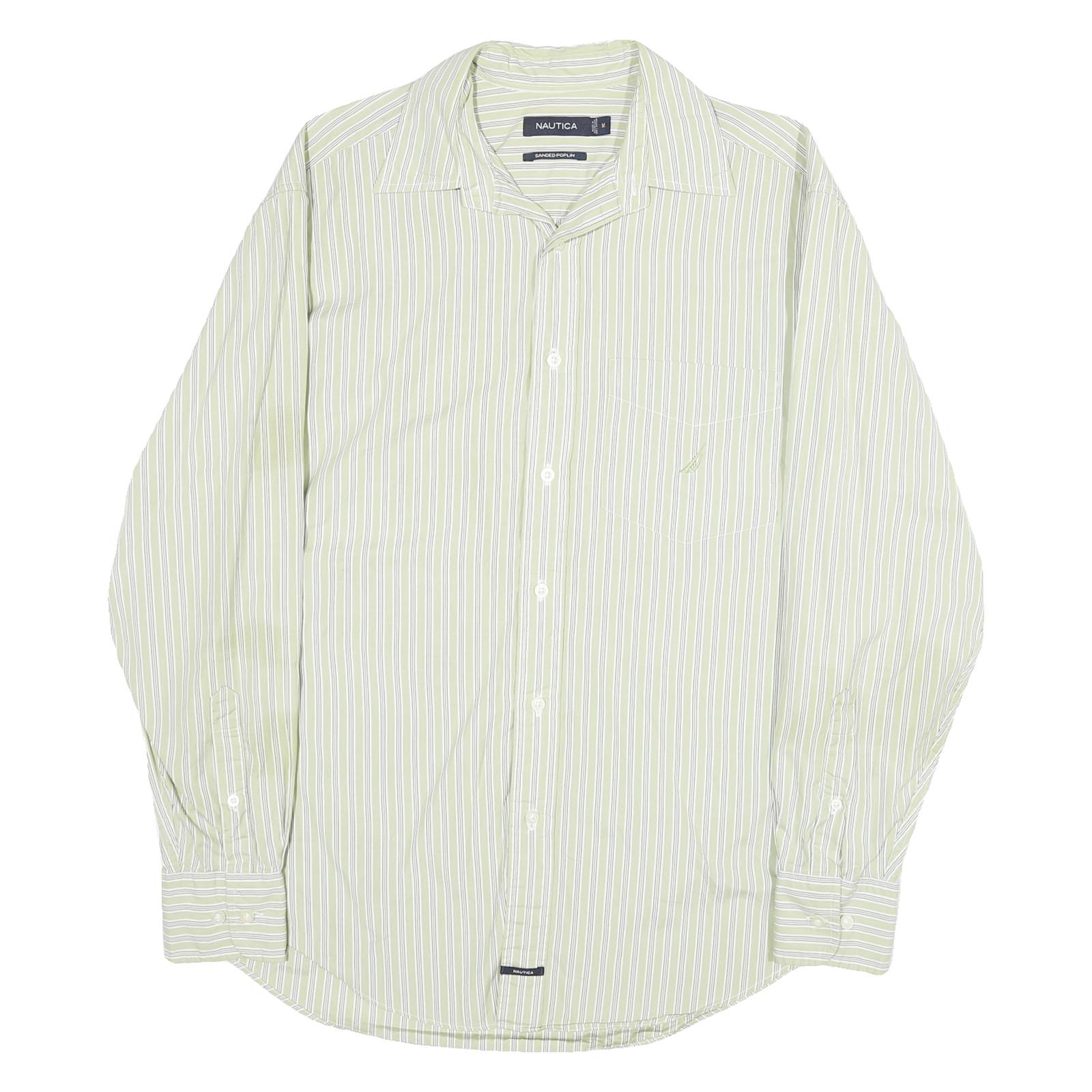 NAUTICA Mens Green & White Striped Cotton Shirt M Long Sleeve Casual