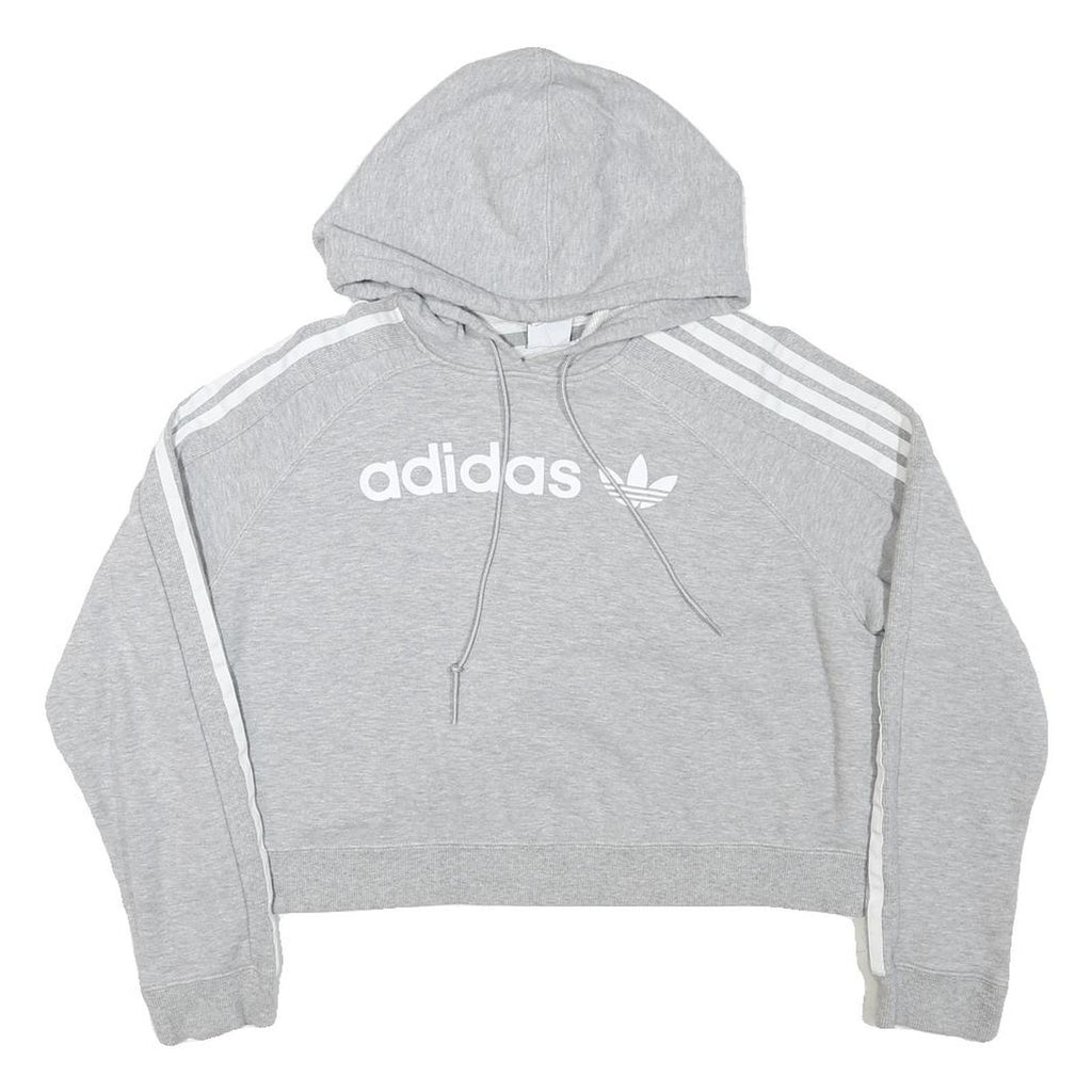 ADIDAS Womens Grey Cotton Blend Cropped Hoodie UK 8 Classic Three Stripes