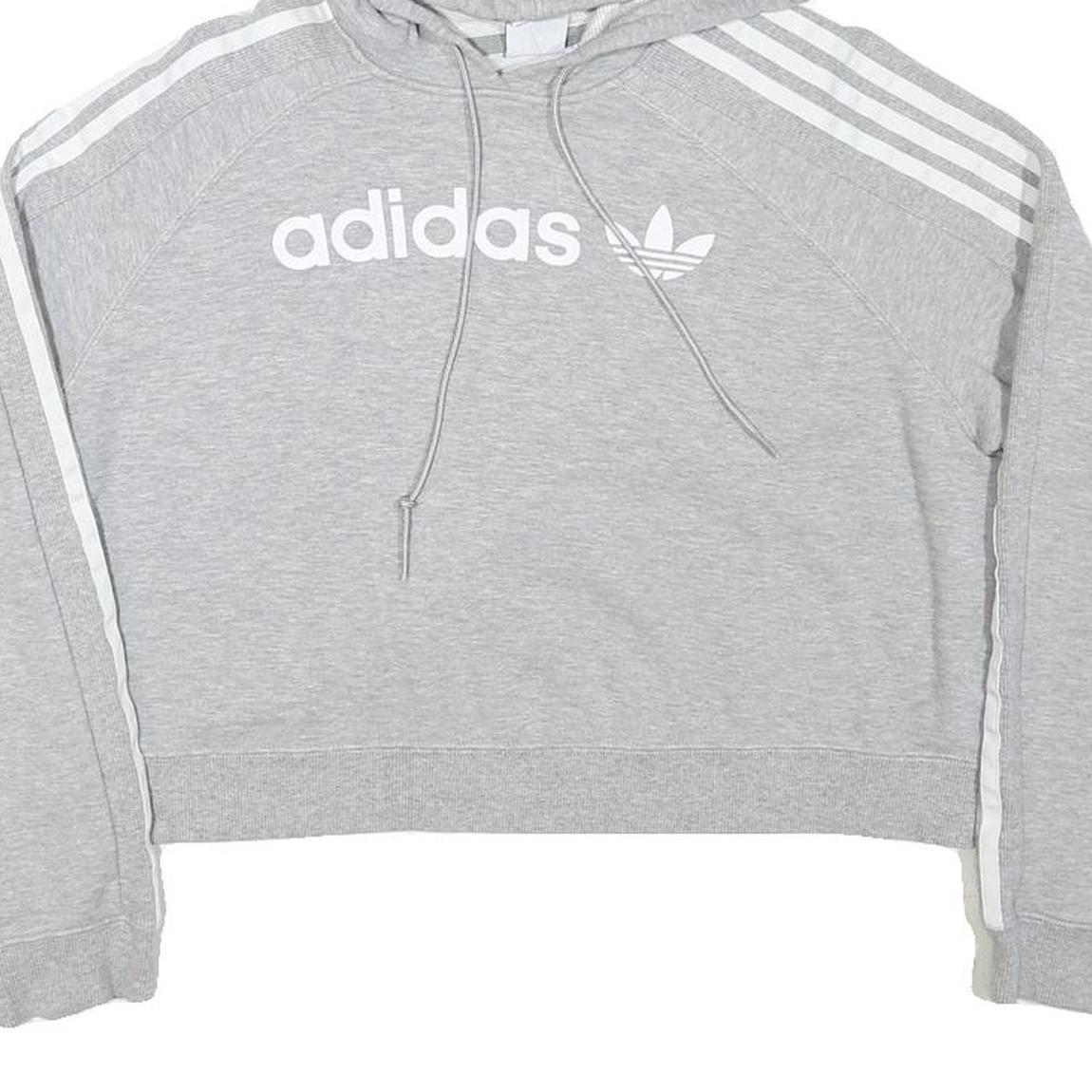ADIDAS Womens Grey Cotton Blend Cropped Hoodie UK 8 Classic Three Stripes