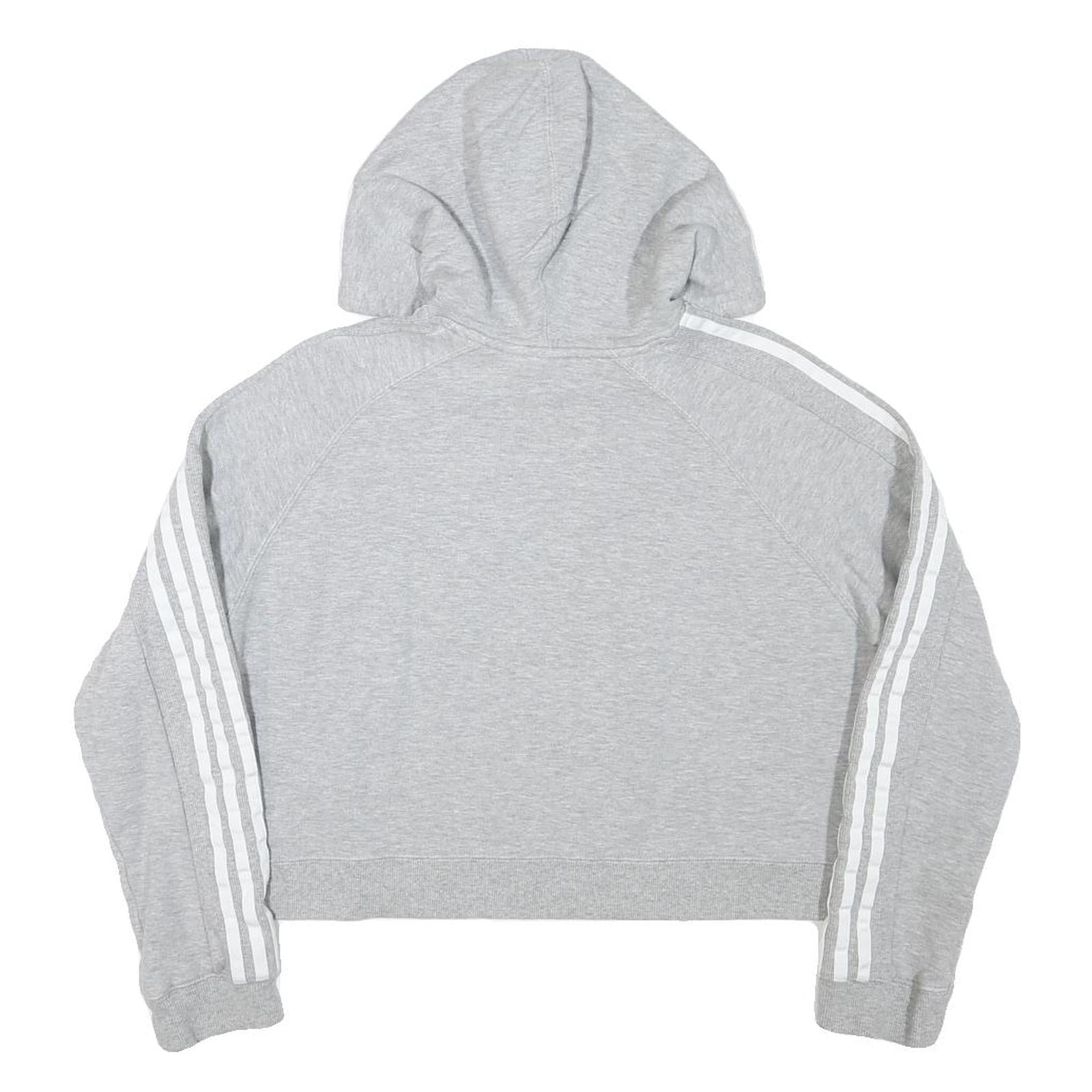 ADIDAS Womens Grey Cotton Blend Cropped Hoodie UK 8 Classic Three Stripes