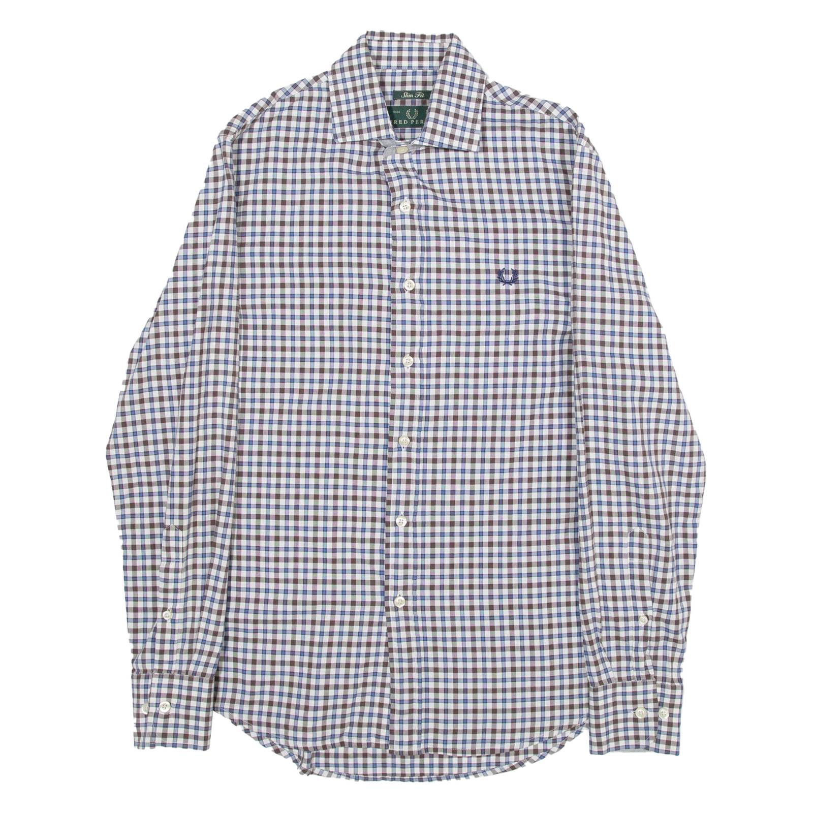 FRED PERRY Slim Fit Mens Shirt Brown Check Long Sleeve S