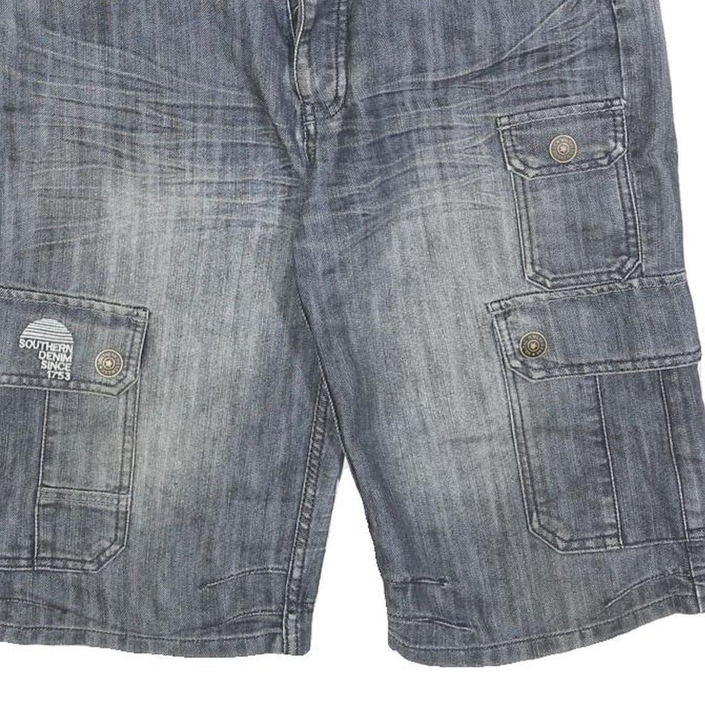 SOUTHERN Mens Denim Cargo Shorts Blue M W32 Cotton Blend Casual Pockets Button