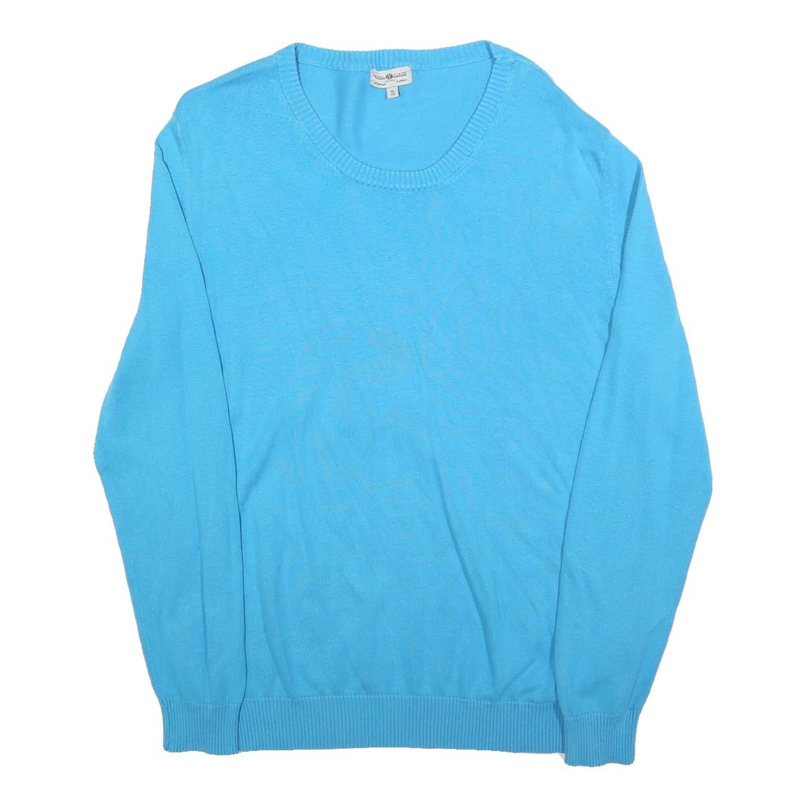 ROYAL CLASS Mens Blue Plain Jumper Crew Neck Basic Knit XL Cotton Lightweight