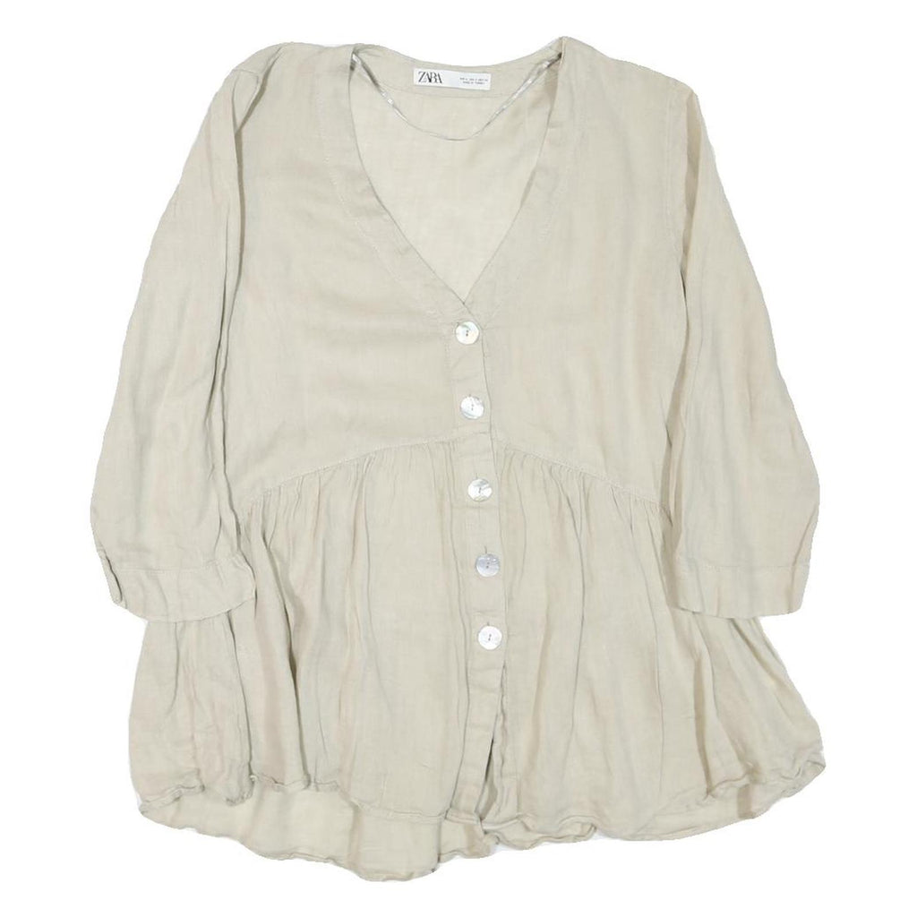 ZARA Womens Beige Cotton Blend Basic Button Long Sleeve V-Neck Top S