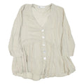ZARA Womens Beige Cotton Blend Basic Button Long Sleeve V-Neck Top S