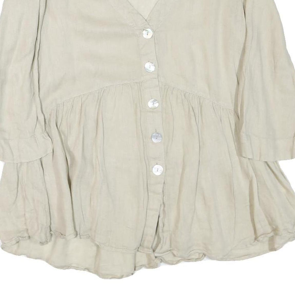 ZARA Womens Beige Cotton Blend Basic Button Long Sleeve V-Neck Top S
