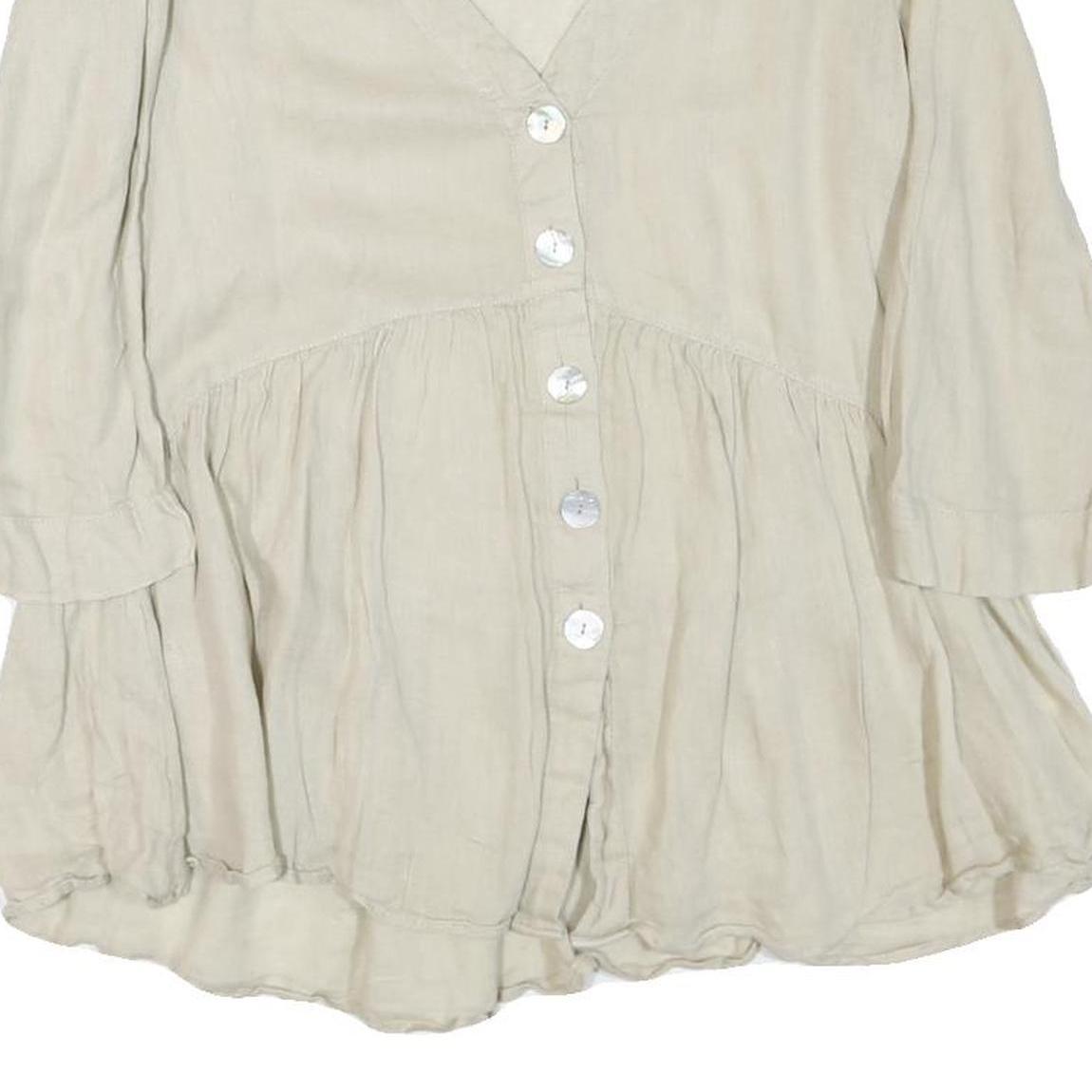 ZARA Womens Beige Cotton Blend Basic Button Long Sleeve V-Neck Top S