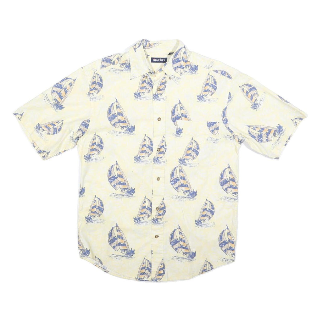 PURITAN Mens Yellow & Blue Patterned Casual Shirt S Cotton Summer Style