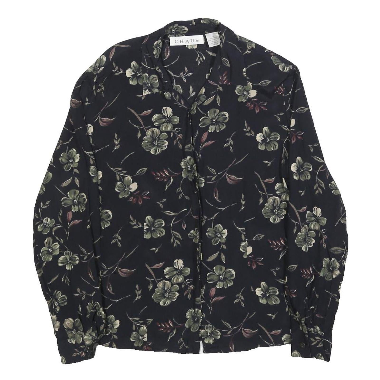 CHAUS Womens Black Floral Rayon Shirt Long Sleeve Collared S Elegant