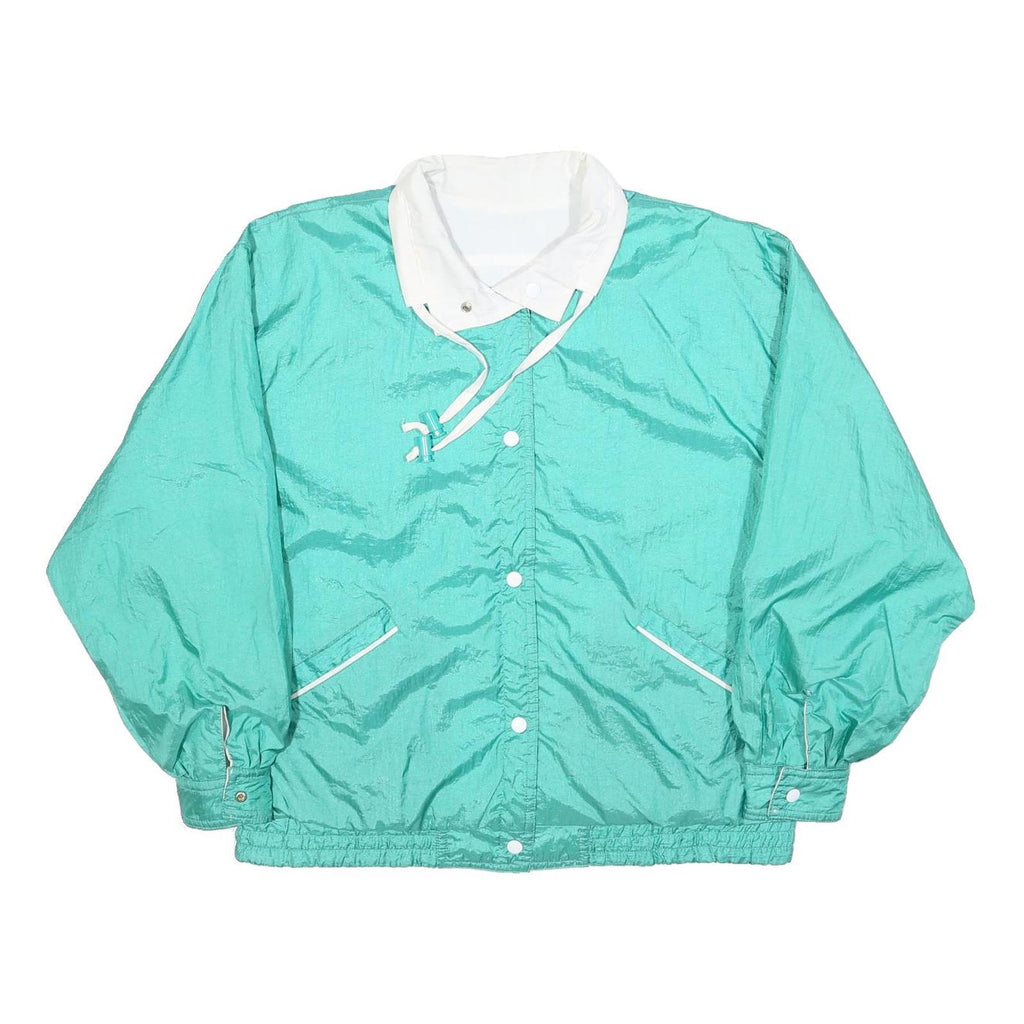 Womens Blue & White Nylon Button Jacket L Plain Lightweight Casual
