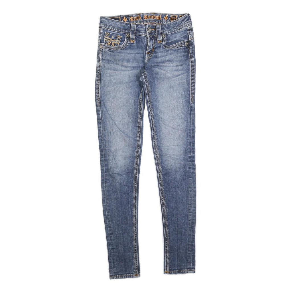 ROCK REVIVAL Womens Slim Fit Blue Denim Jeans W24 L30 Embroidered Pocket