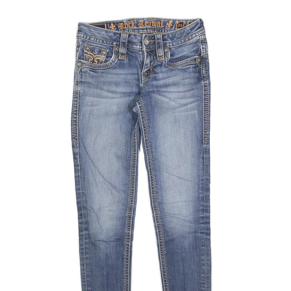 ROCK REVIVAL Womens Slim Fit Blue Denim Jeans W24 L30 Embroidered Pocket