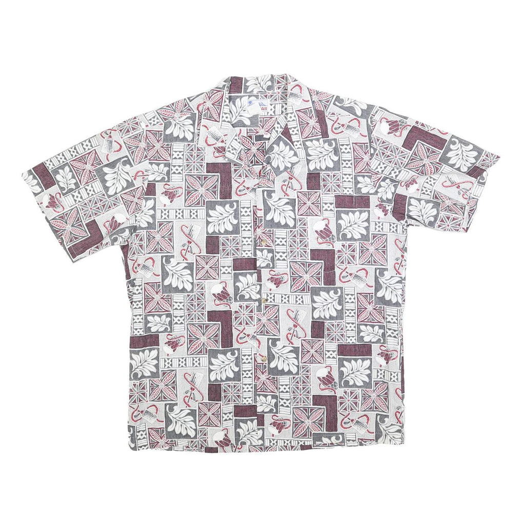 HAWAII Mens White & Grey Hawaiian Shirt L Patterned Short Sleeve Summer