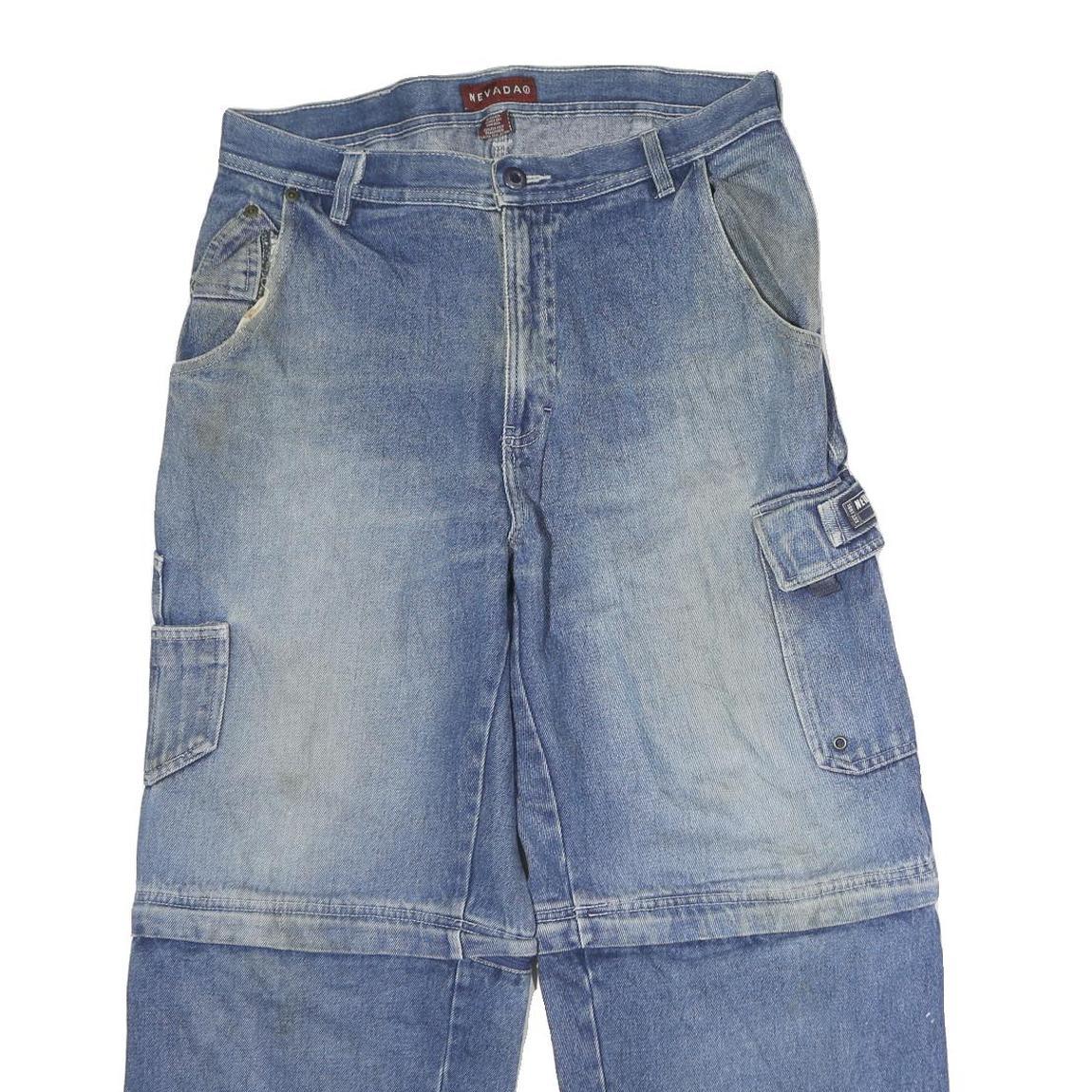 NEVADA Mens Regular Fit Blue Denim Cargo Capris W34 L25 Casual Cotton Zip Jeans