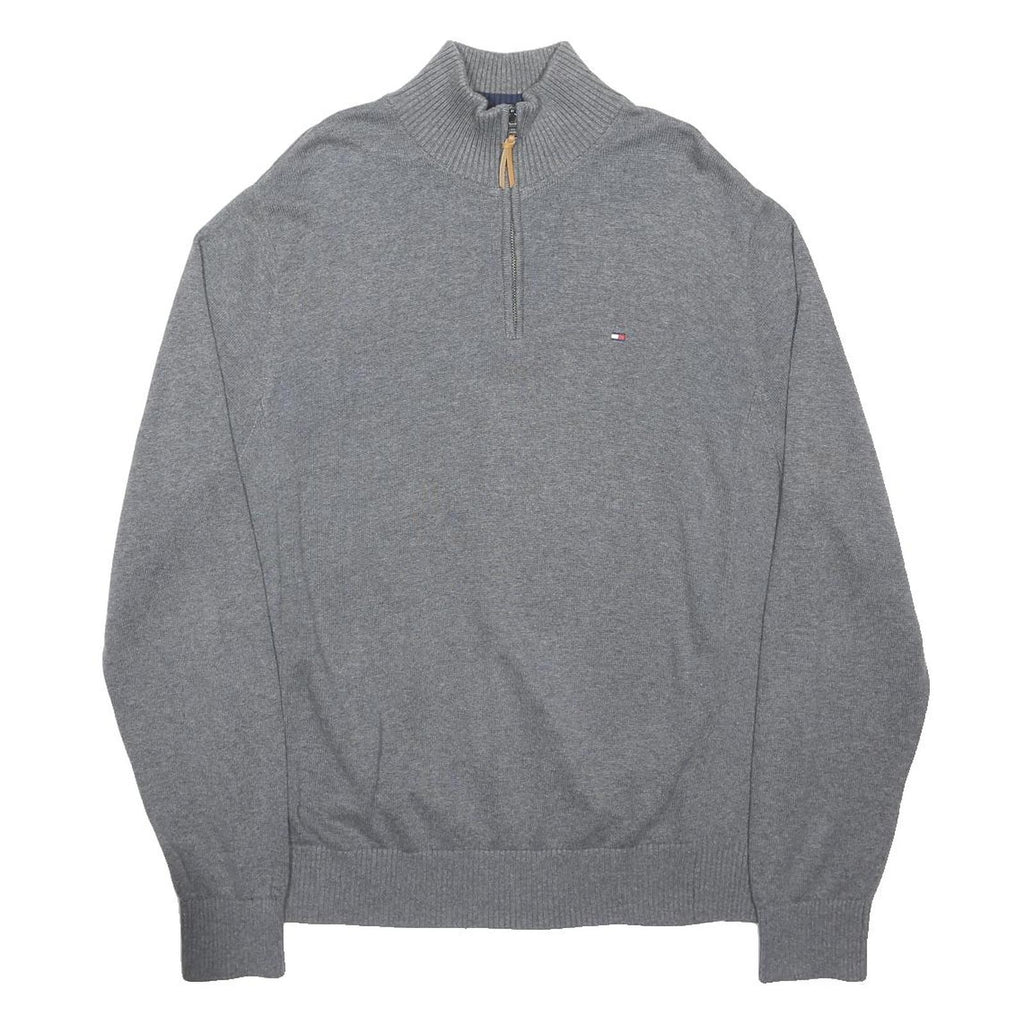 TOMMY HILFIGER Mens Grey Plain Pullover Zip Neck Basic Knit XL Cotton Jumper