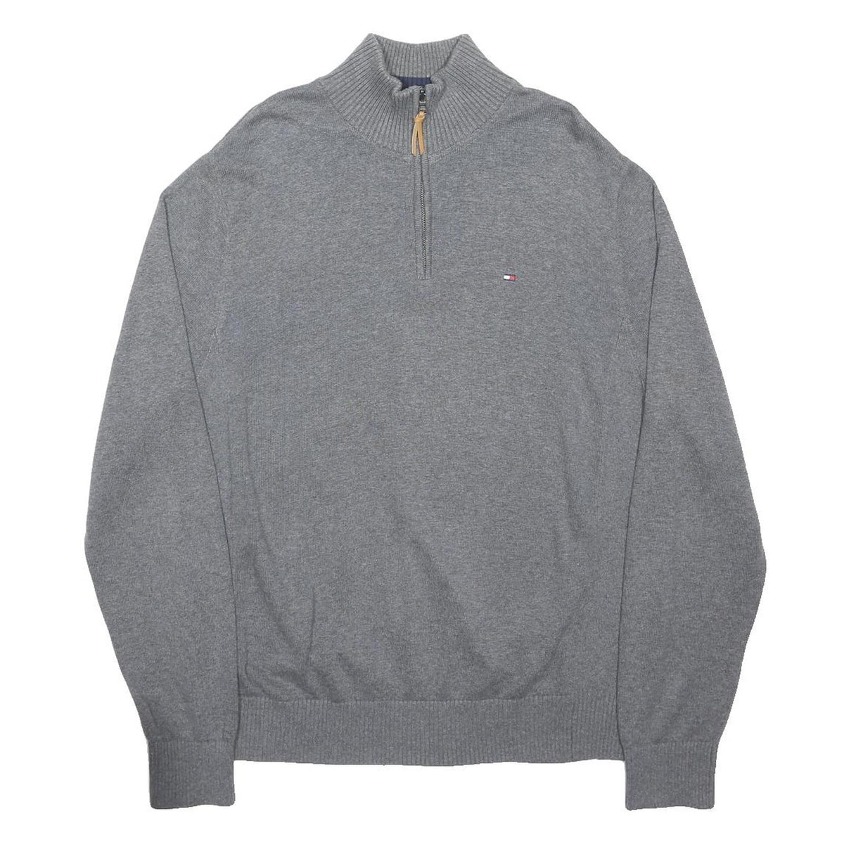 TOMMY HILFIGER Mens Grey Plain Pullover Zip Neck Basic Knit XL Cotton Jumper