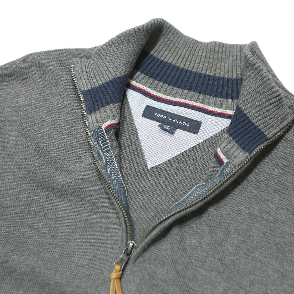 TOMMY HILFIGER Mens Grey Plain Pullover Zip Neck Basic Knit XL Cotton Jumper