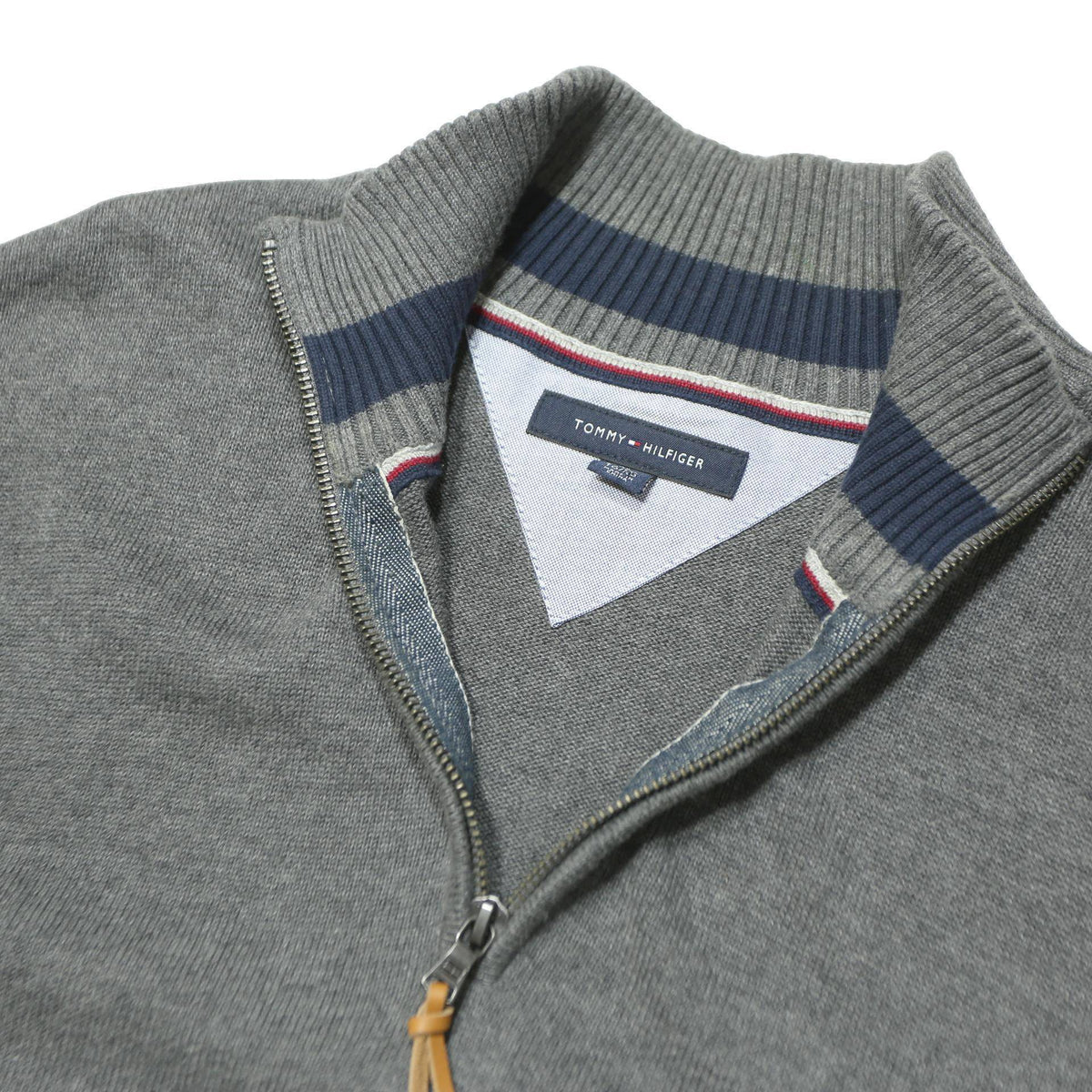 TOMMY HILFIGER Mens Grey Plain Pullover Zip Neck Basic Knit XL Cotton Jumper