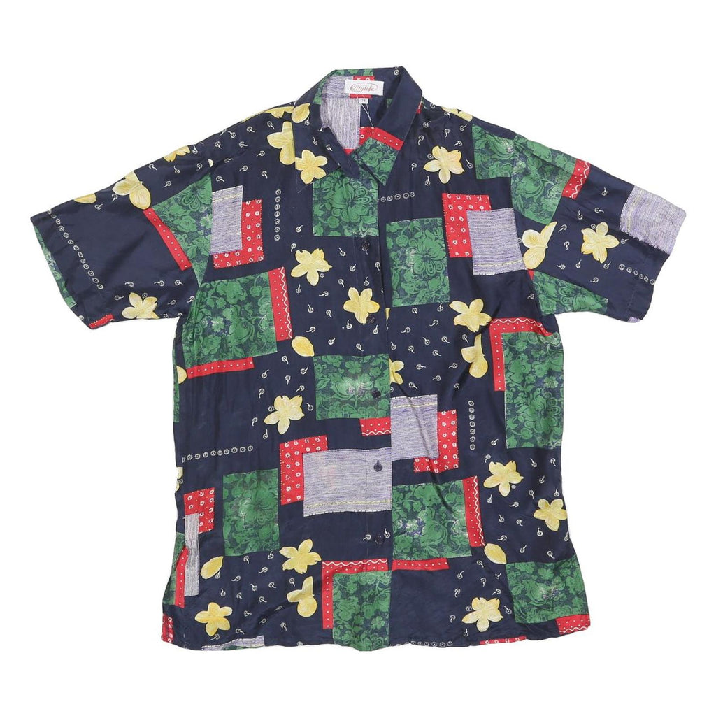 CITY LIFE Womens Navy Blue Green Red Floral Patchwork Silk Shirt S Relaxed Fit