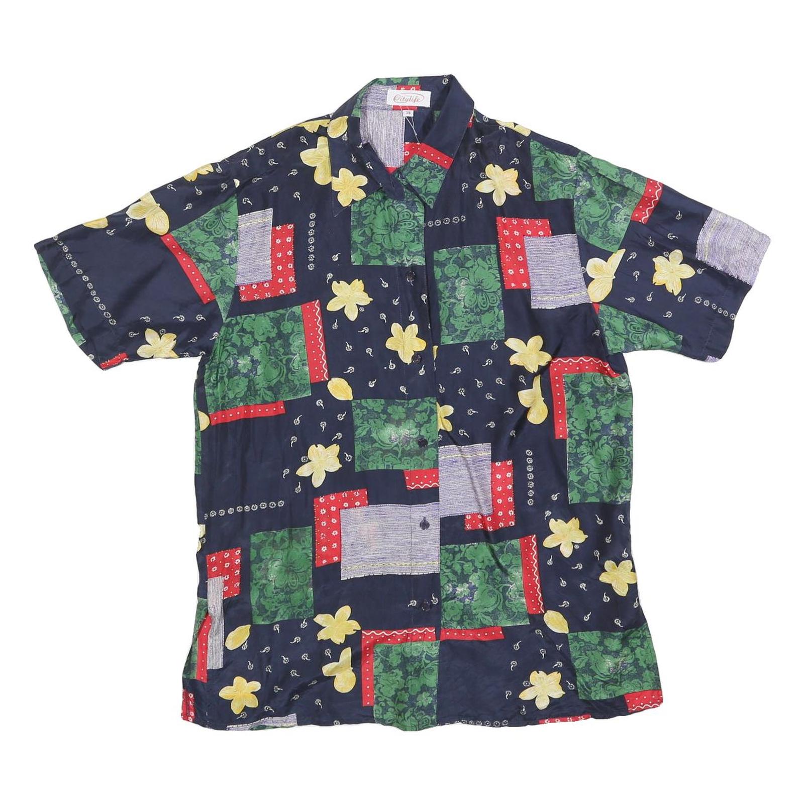 CITY LIFE Womens Navy Blue Green Red Floral Patchwork Silk Shirt S Relaxed Fit