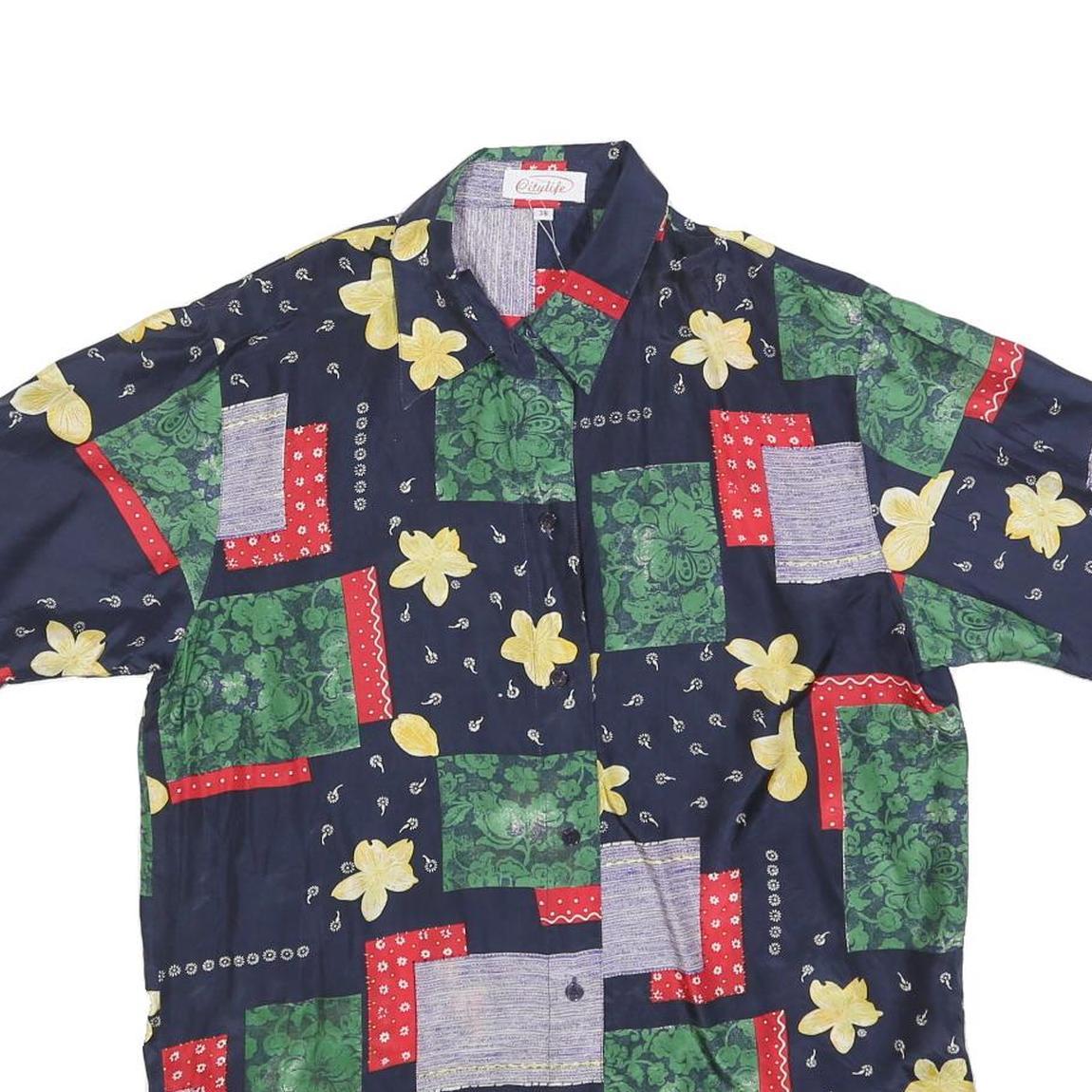 CITY LIFE Womens Navy Blue Green Red Floral Patchwork Silk Shirt S Relaxed Fit