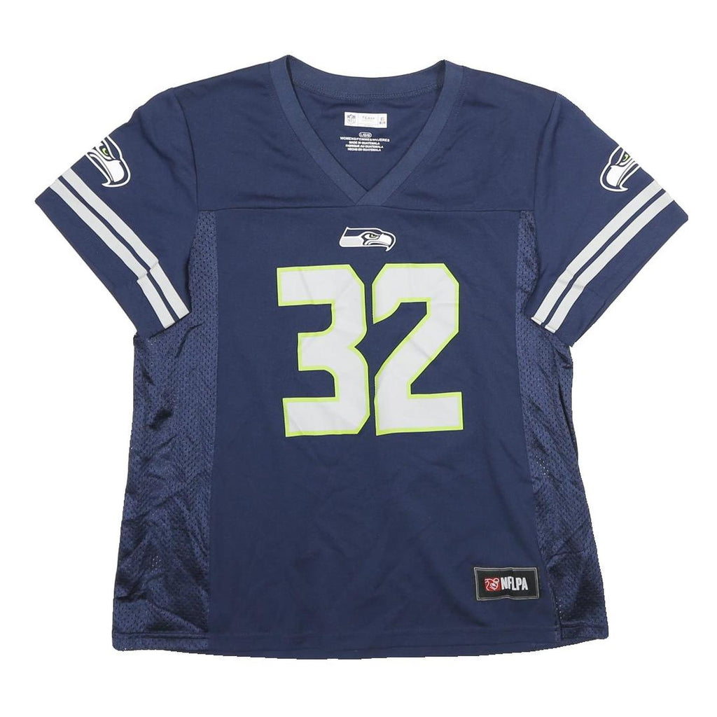 NFL Womens Navy Blue Carson 32 Graphic T-Shirt L Short Sleeve V-Neck Sports