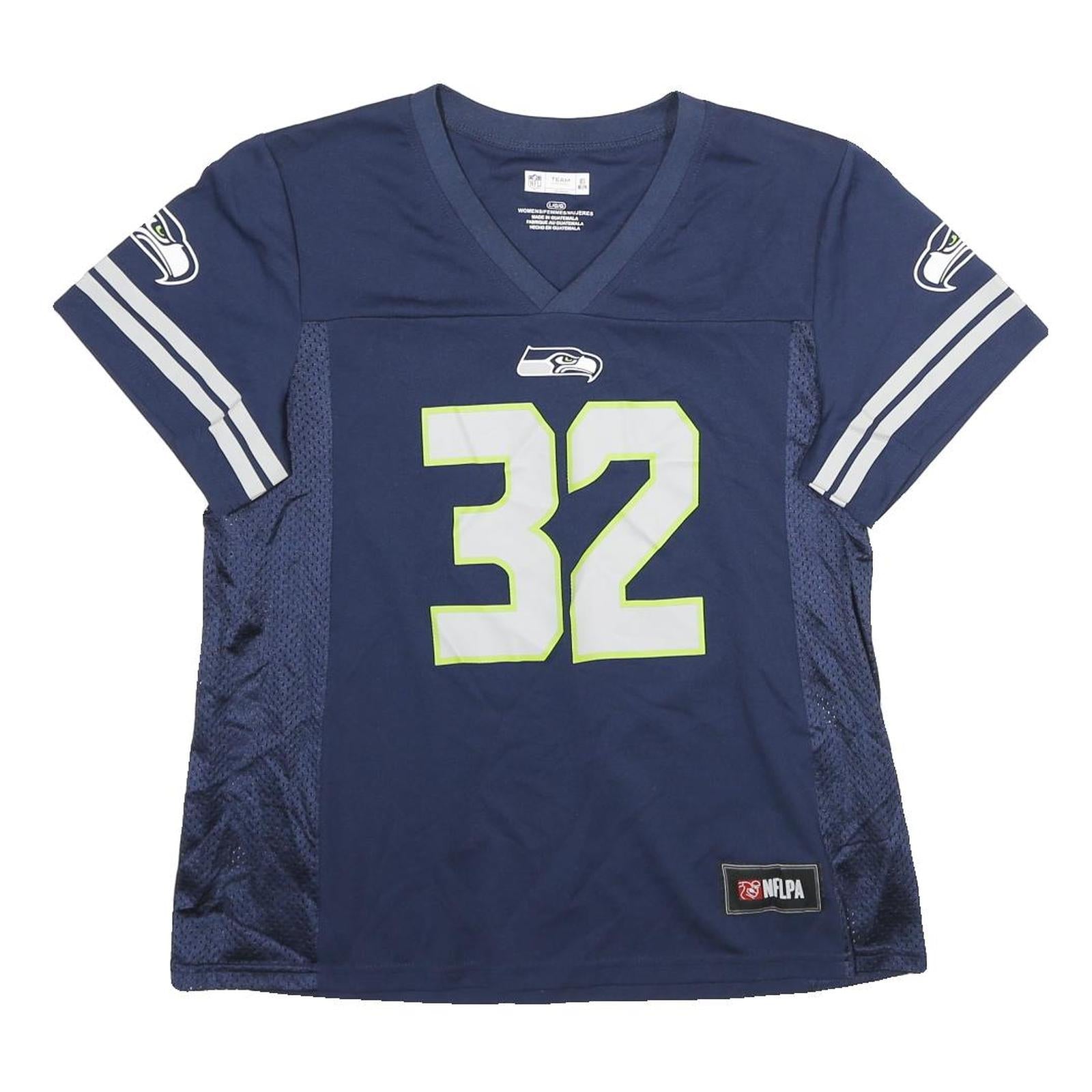 NFL Womens Navy Blue Carson 32 Graphic T-Shirt L Short Sleeve V-Neck Sports