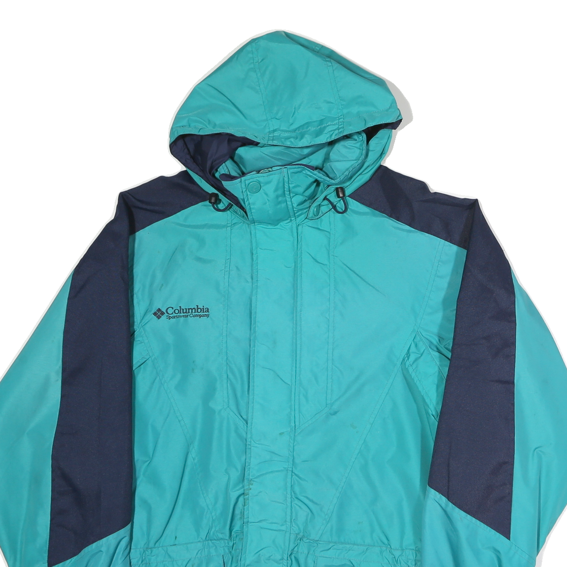 COLUMBIA Mens Green & Navy Lightweight Outdoor Jacket L Polyester Zip Hooded