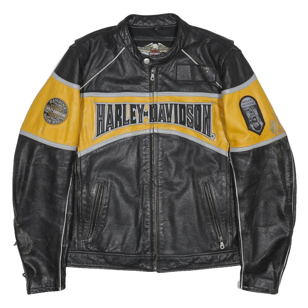 HARLEY DAVIDSON Moto Grip Mens Black & Yellow Leather Biker Jacket L Zip Logo
