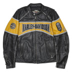HARLEY DAVIDSON Moto Grip Mens Black & Yellow Leather Biker Jacket L Zip Logo