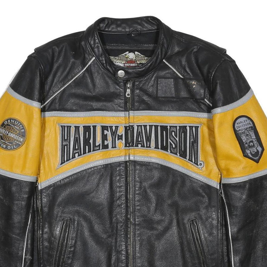 HARLEY DAVIDSON Moto Grip Mens Black & Yellow Leather Biker Jacket L Zip Logo