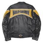 HARLEY DAVIDSON Moto Grip Mens Black & Yellow Leather Biker Jacket L Zip Logo
