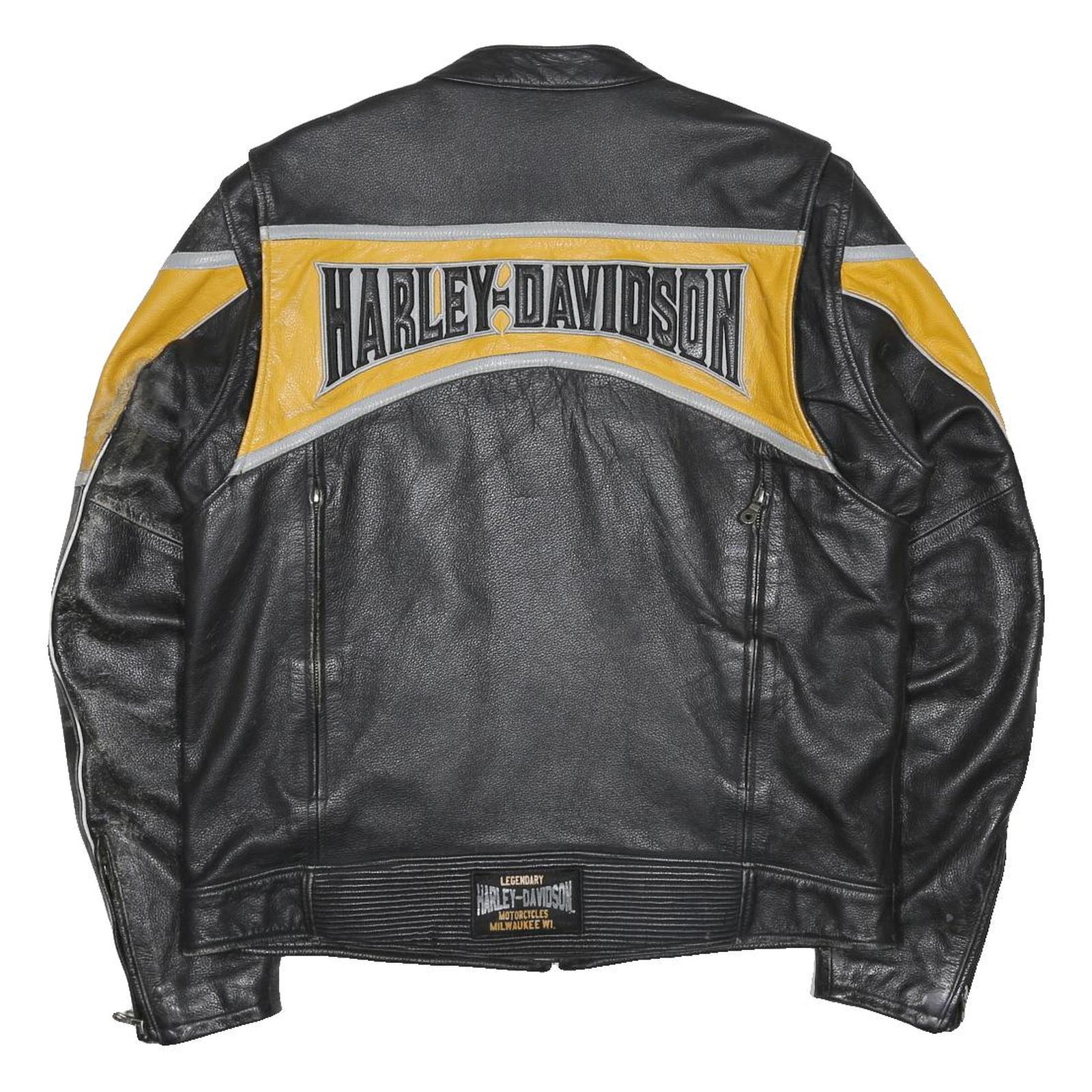 HARLEY DAVIDSON Moto Grip Mens Black & Yellow Leather Biker Jacket L Zip Logo