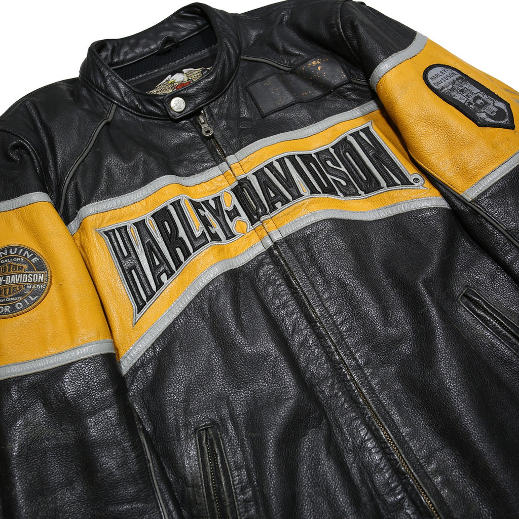 HARLEY DAVIDSON Moto Grip Mens Black & Yellow Leather Biker Jacket L Zip Logo