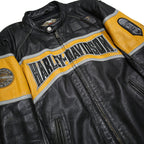 HARLEY DAVIDSON Moto Grip Mens Black & Yellow Leather Biker Jacket L Zip Logo