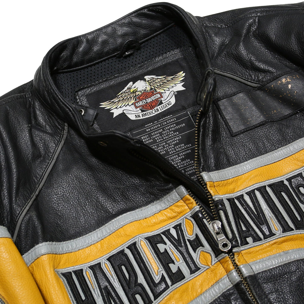 HARLEY DAVIDSON Moto Grip Mens Black & Yellow Leather Biker Jacket L Zip Logo