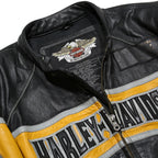 HARLEY DAVIDSON Moto Grip Mens Black & Yellow Leather Biker Jacket L Zip Logo