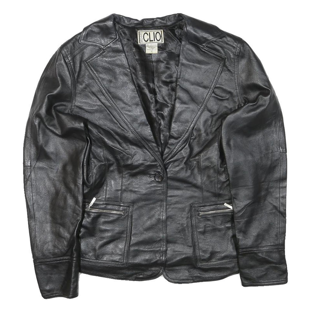 CLIO Womens Black Leather Button Jacket S Woven Classic Tailored