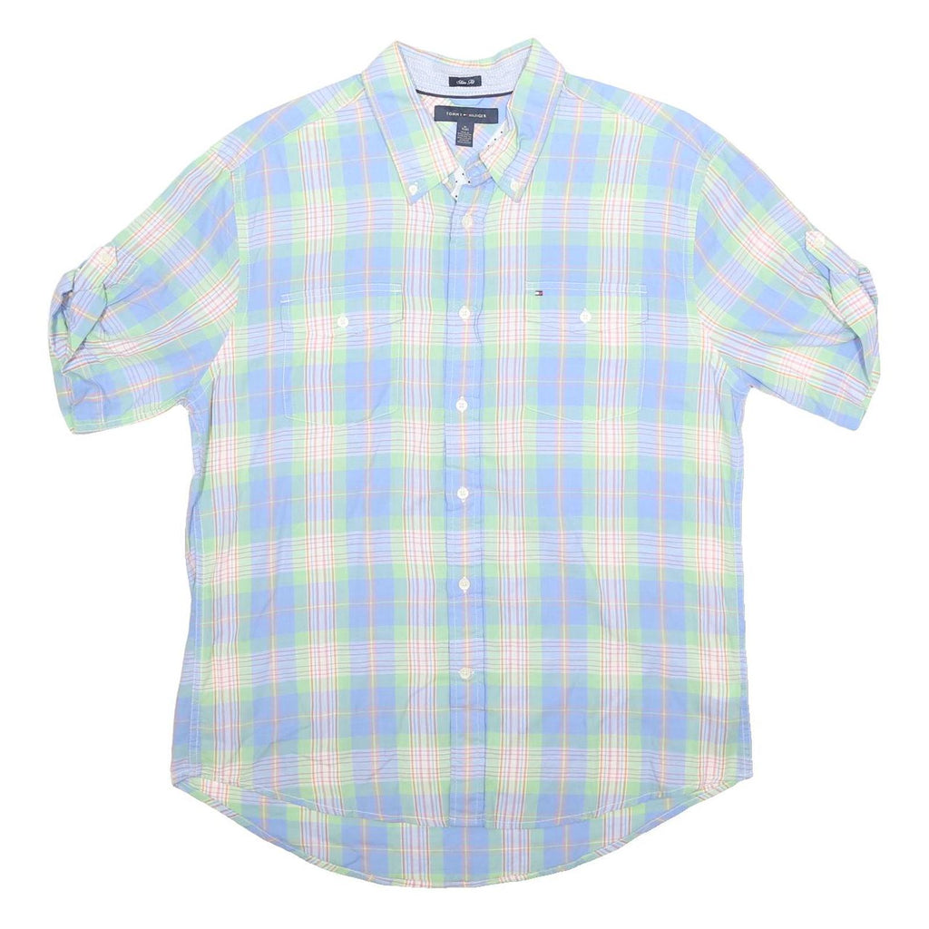 TOMMY HILFIGER Mens Blue & Green Check Shirt XL Button-Down Long Sleeve Cotton