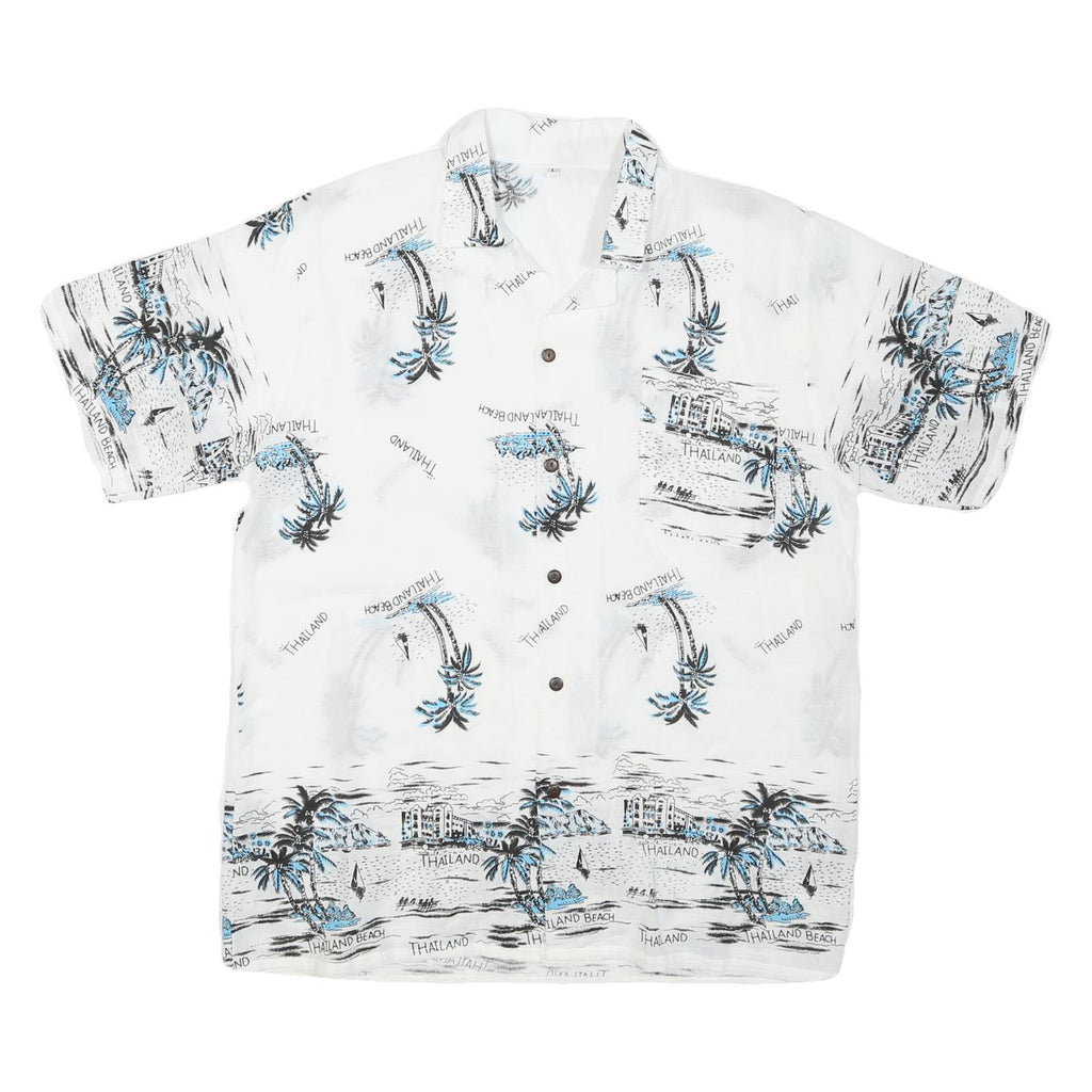 Mens White & Blue Printed Vacation Shirt L Cotton Blend Summer Beach Wear
