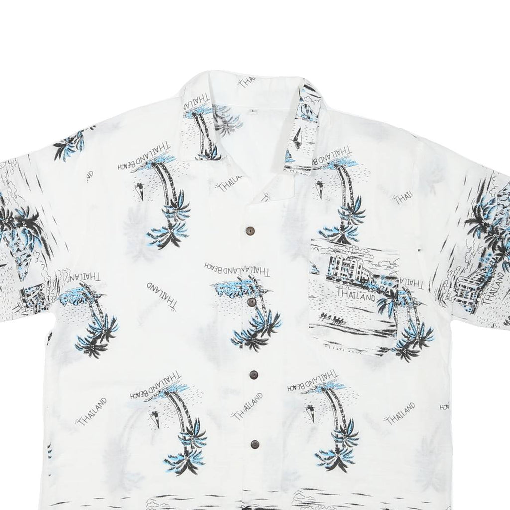 Mens White & Blue Printed Vacation Shirt L Cotton Blend Summer Beach Wear