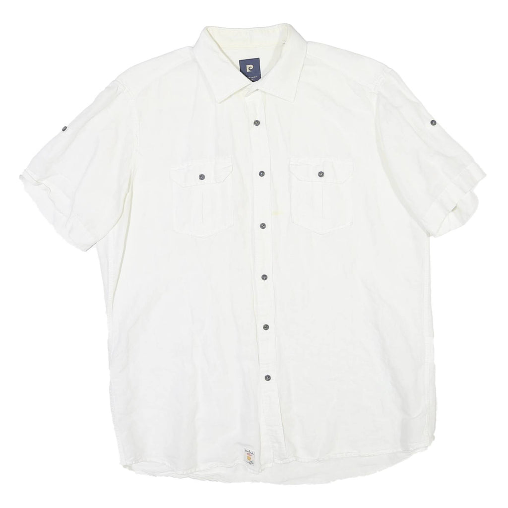 PIERRE CARDIN Mens White Plain Shirt L Cotton Blend Relaxed Fit Button Collar