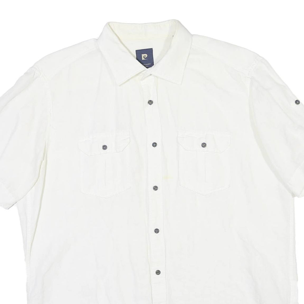 PIERRE CARDIN Mens White Plain Shirt L Cotton Blend Relaxed Fit Button Collar