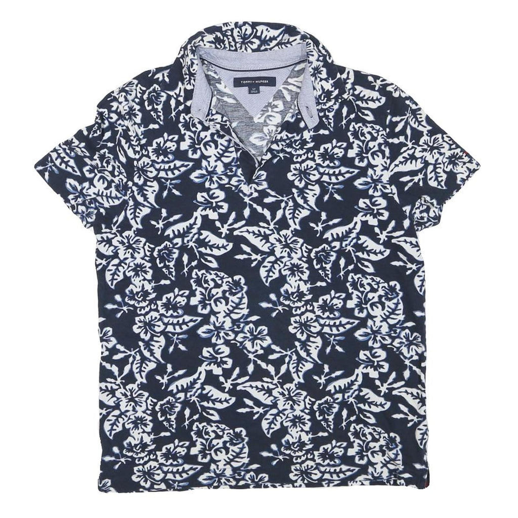 TOMMY HILFIGER Mens Blue & White Floral Short Sleeve Polo Shirt S Cotton Blend