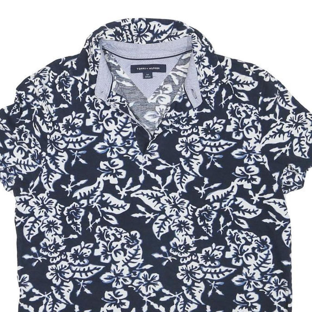 TOMMY HILFIGER Mens Blue & White Floral Short Sleeve Polo Shirt S Cotton Blend