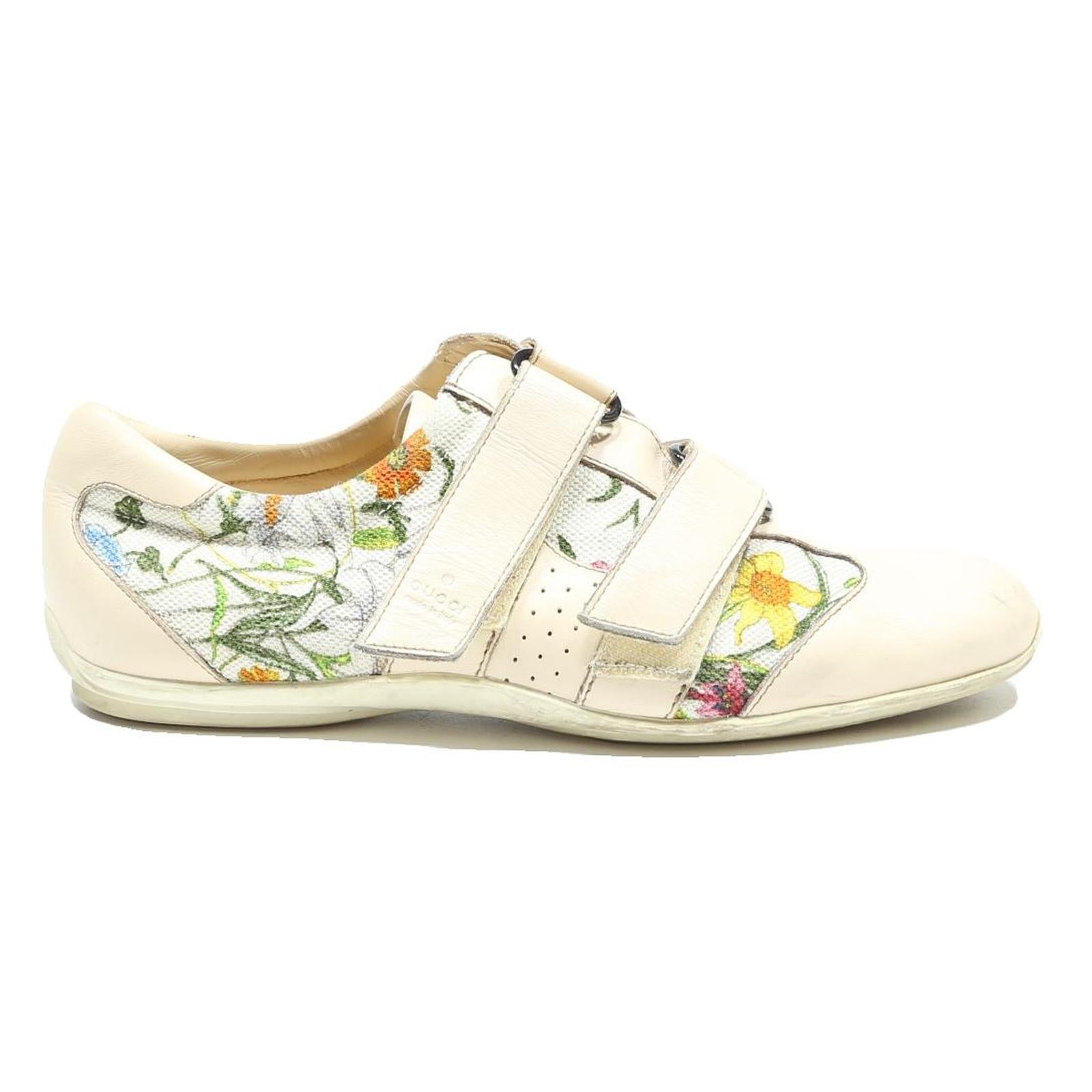 GUCCI Womens Floral Print Velcro Strap Casual Shoes Cream & Multi UK 3.5 Stylish