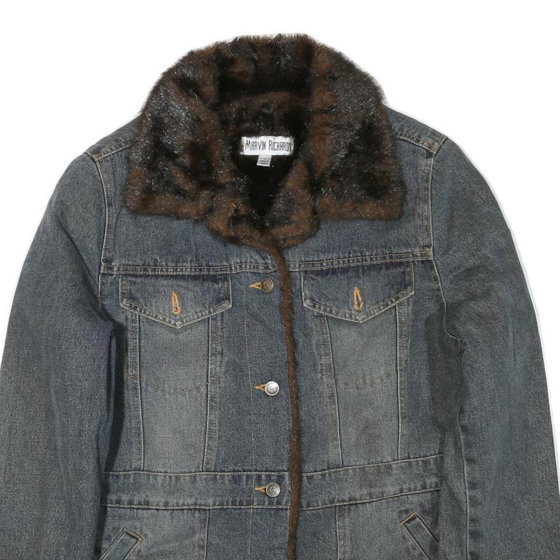 MARVIN RICHARDS Womens Blue Denim Jacket L Cotton Blend Button Faux Fur Collar