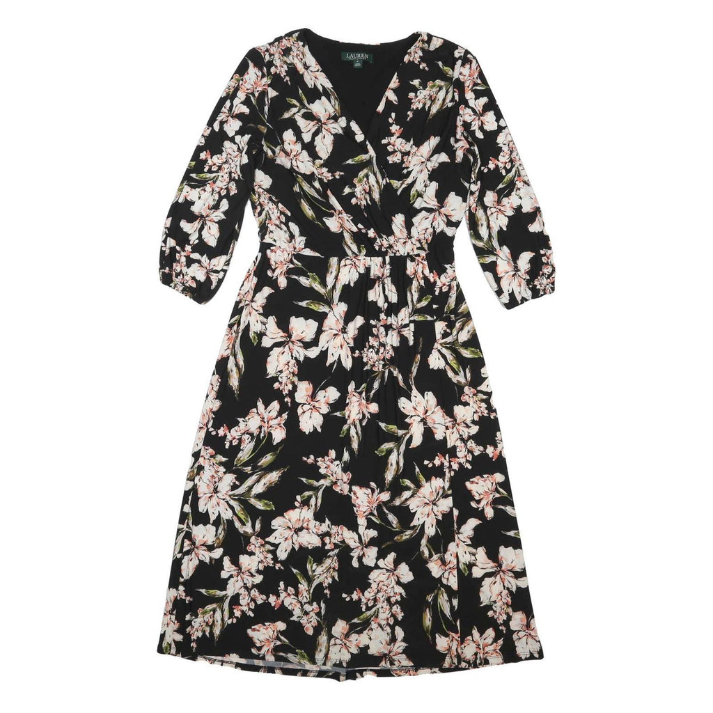 LAUREN RALPH LAUREN Womens Black Floral Day Dress Polyester Blend 3/4 Sleeve