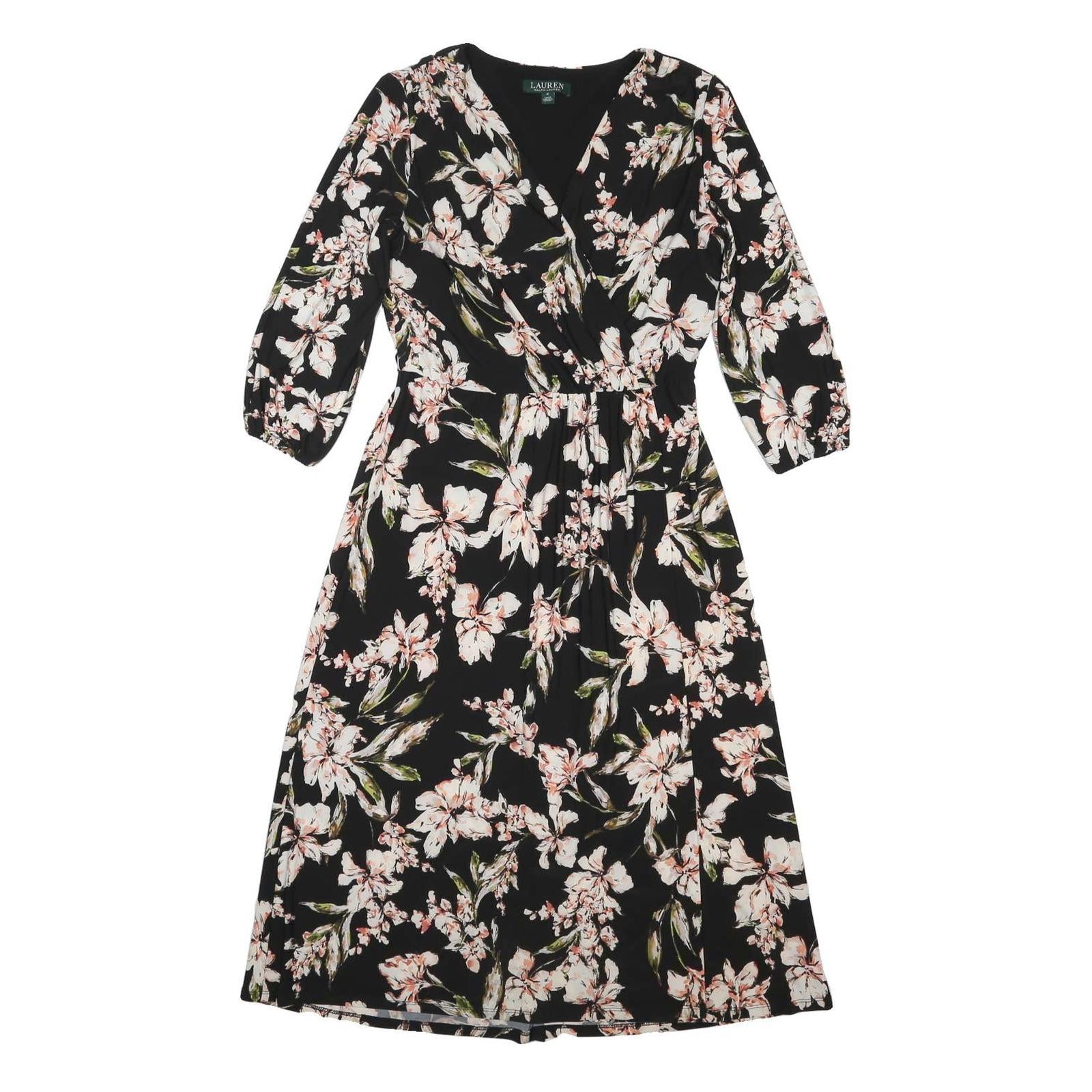 LAUREN RALPH LAUREN Womens Black Floral Day Dress Polyester Blend 3/4 Sleeve